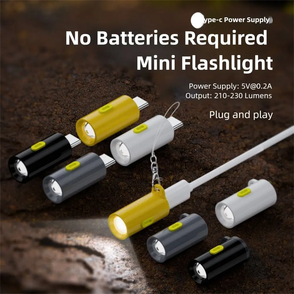230 High Lumens Type-C Mini Flashlight Portable Plug and Play USB C Emergency Lamp with Lanyard Keychain Flashlights