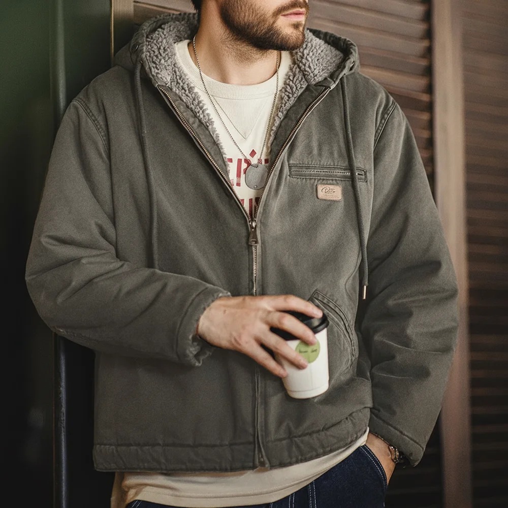 Maden retro j141 jaqueta com capuz ativo cor sólida sherpa velo algodão-acolchoado casaco com veludo quente lona outerwear para homem