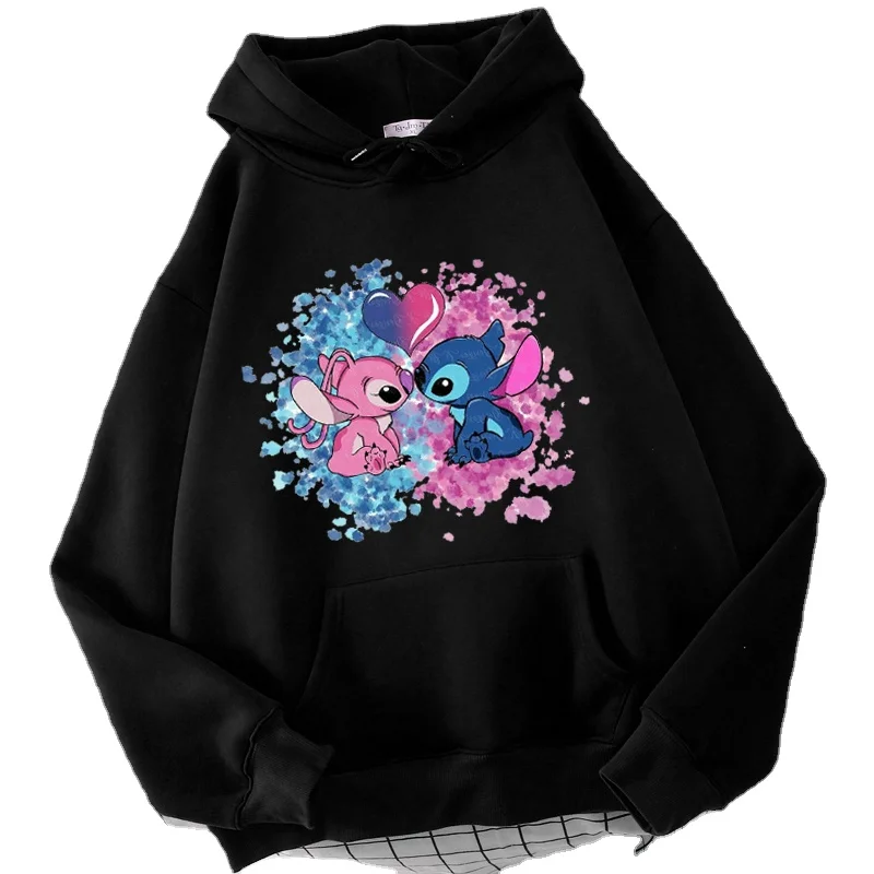 Disney Stitch Hoodies ผู้หญิง Harajuku Pullovers น่ารัก Kawaii เสื้อลําลอง O-Neck Angel พิมพ์ Hooded Sweatshirt แขนยาว