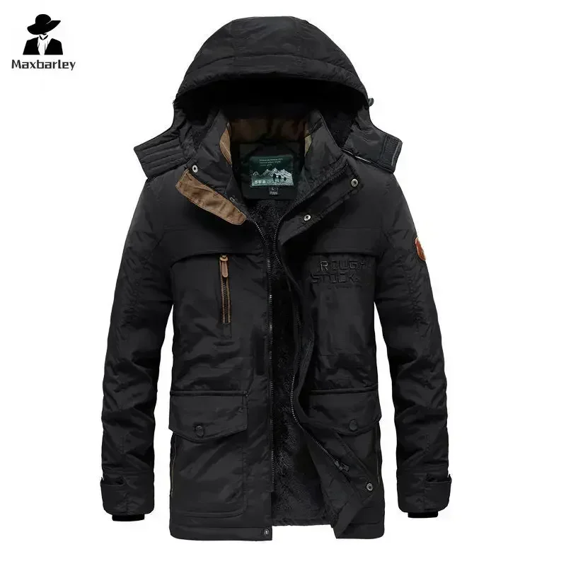 Parka de inverno masculino com vários bolsos, forro de lã espessada, jaqueta acolchoada à prova de frio, acampamento ao ar livre, boné removível, casaco quente masculino