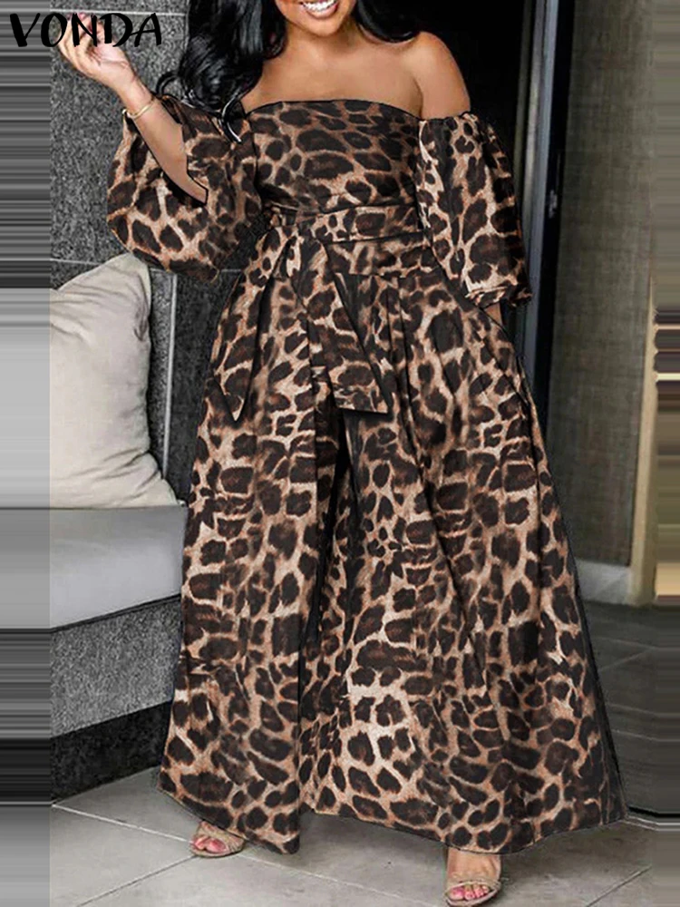 Plus Größe 5XL VONDA 2025 Frauen Weg Von Der Schulter Kleid Leopapd Gedruckt Party Vestidos Herbst Strand Sommerkleid 3/4 hülse Robe
