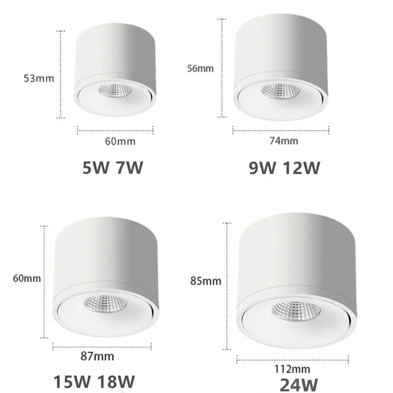 Thay Đổi Độ Sáng LED Downlight Trần Ánh Sáng Bề Mặt Được Gắn AC110V 220V 7W 10W 12W Trong Nhà Màu Trắng/Đen trần Đèn Xoay COB Tại Chỗ