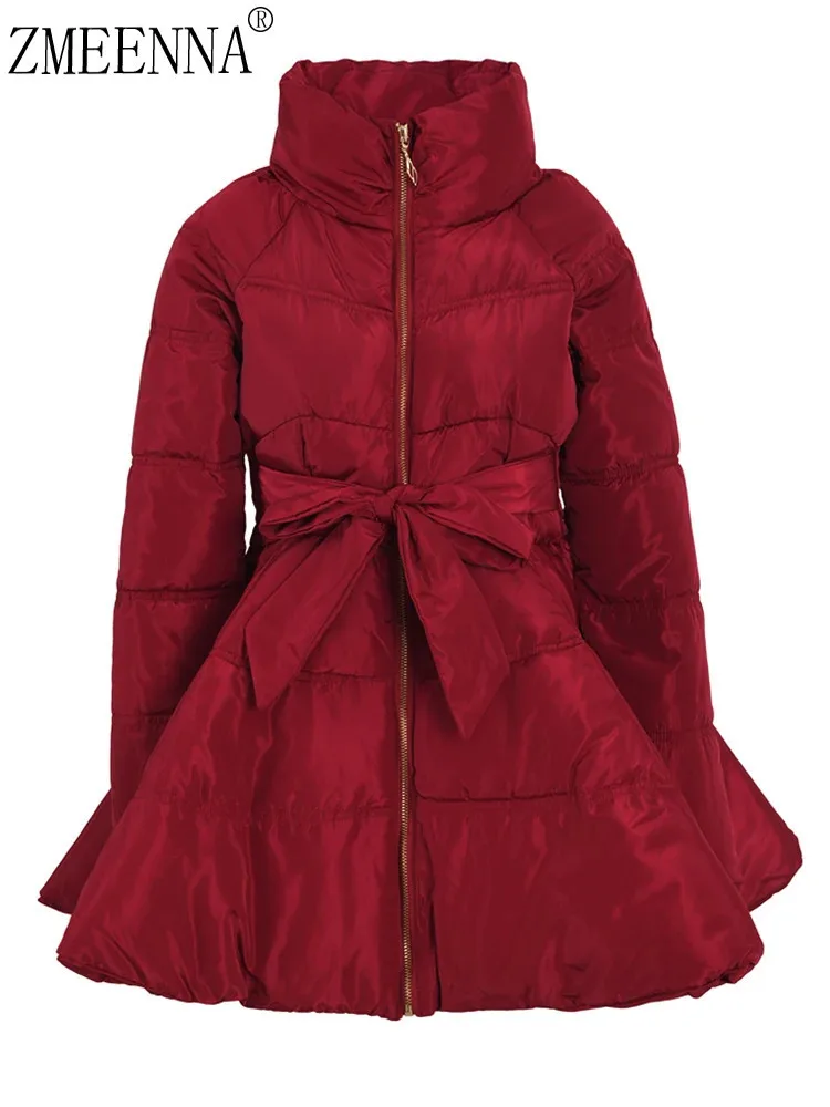 Zmeina vermelho bandagem arco casual algodão-acolchoado casaco manga longa solto ajuste feminino parkas moda maré novo outono inverno 2024 zm548