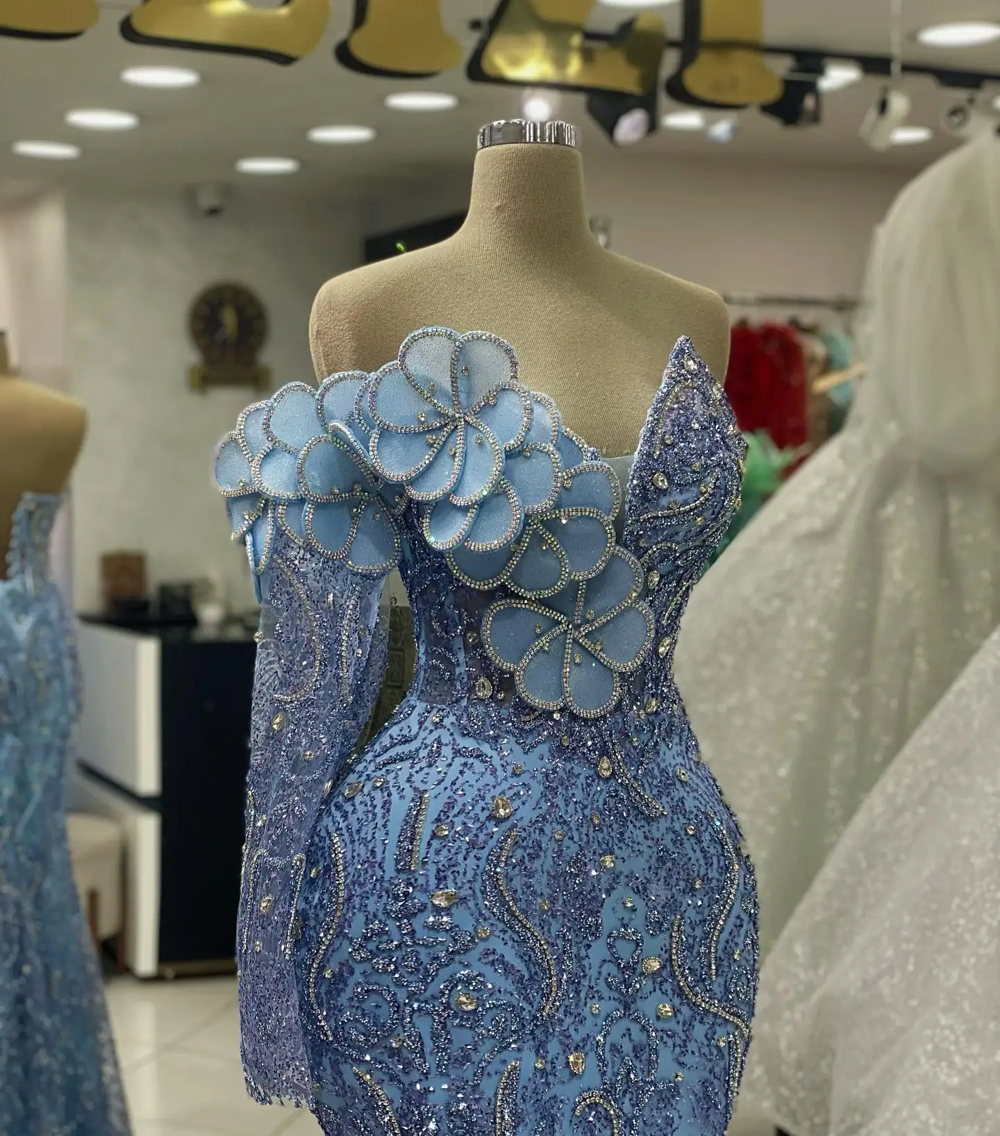 Couture blau Perlen Abendkleider Langarm 3d Blumen applikationen Meerjungfrau formelle Gelegenheit Kleid Hochzeits empfang Kleid Party