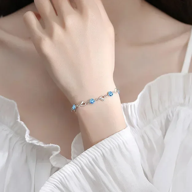Conjunto de pulsera y collar con forma de corazón de Plata de Ley 925 para mujer, pulseras de cristal azul coreano Vintage, conjunto de joyería para fiesta