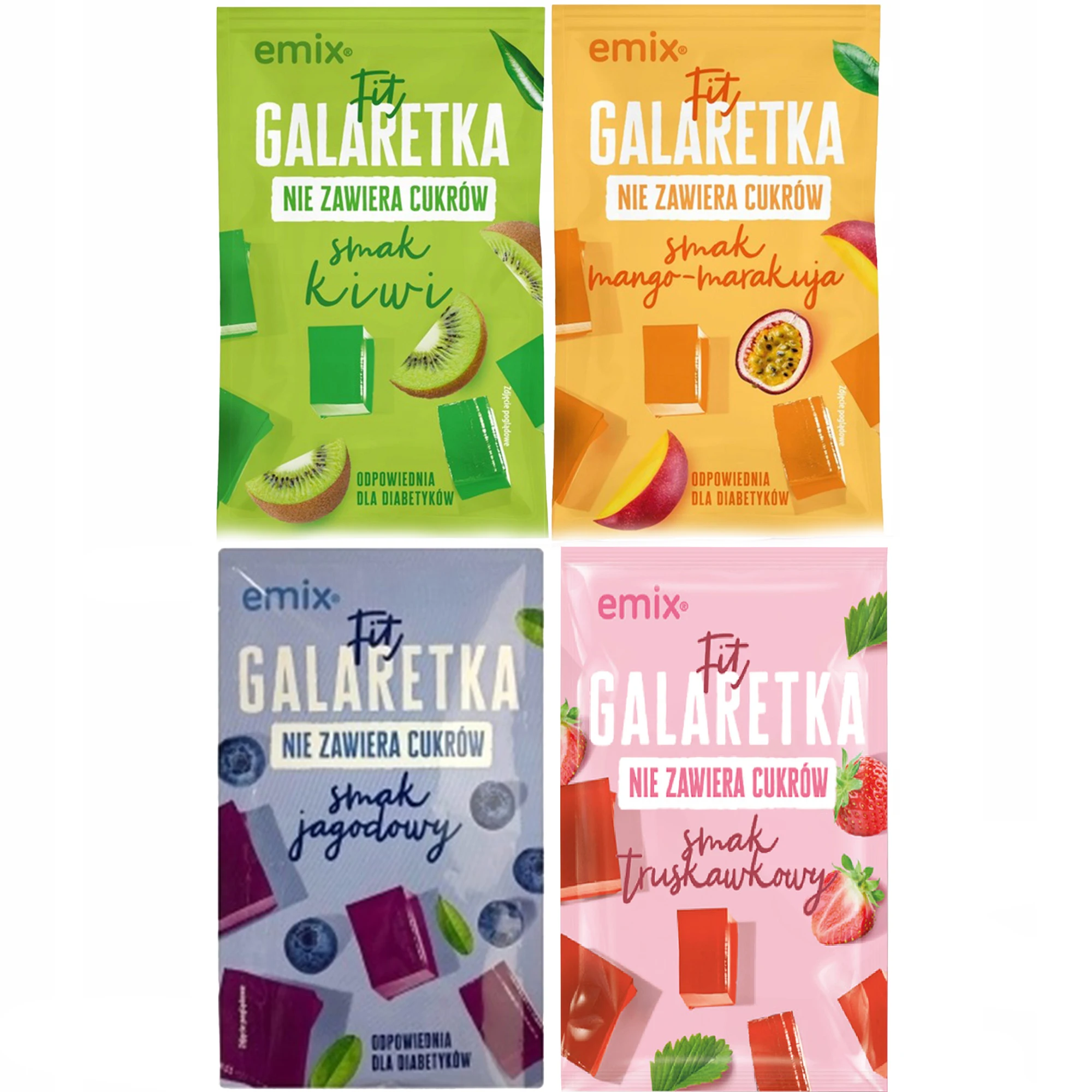 Emix Fit Galaretka bez cukru, mix smaków: Kiwi, Mango-Marakuja, Truskwawka, Jagoda