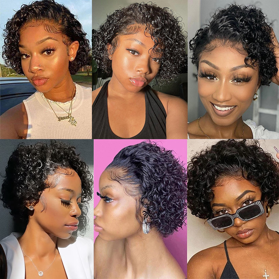 Pixie ตัดวิกผมโปร่งใสลูกไม้ด้านหน้าวิกผมสั้น Kinky Curly Bob วิกผมบราซิล Water Wave วิกผมผมมนุษย์สําหรับผู้หญิง