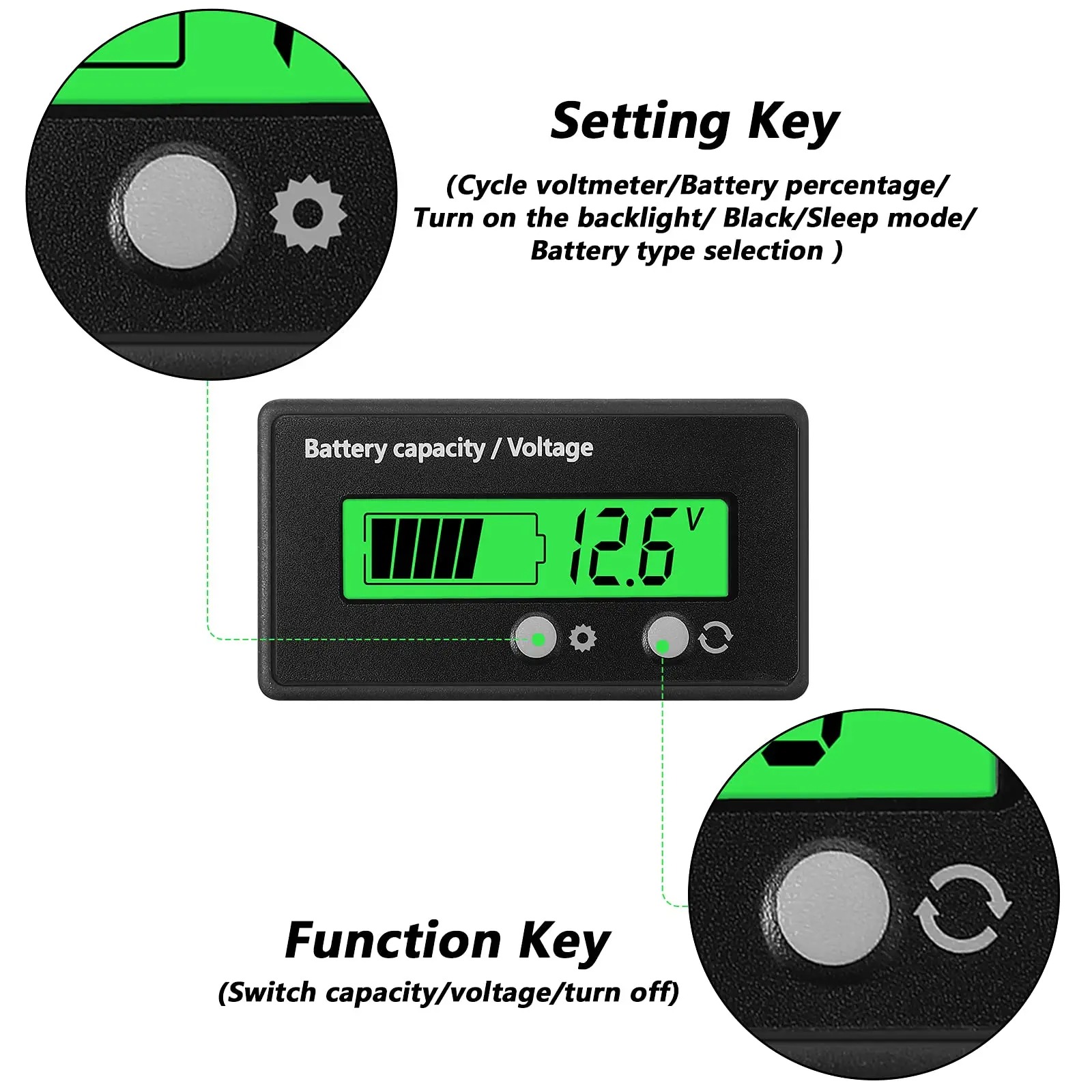 DC 12V 24V 36V 48V 72V Battery Capacity Voltage Meter with Alarm, Battery Capacity Gauge Indicator, Battery Indicator Monitors
