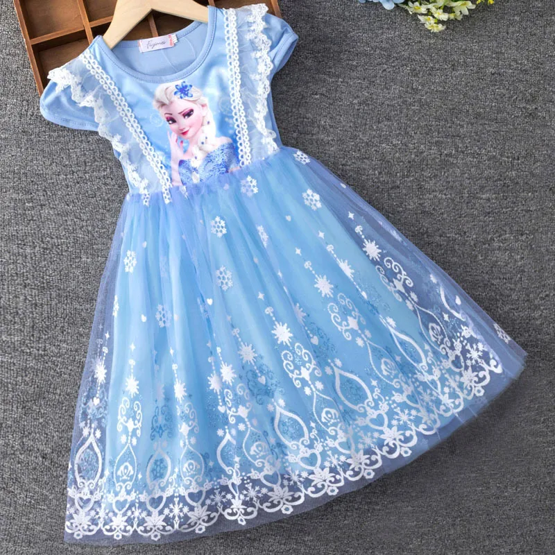 Abito estivo da ragazza con maniche volanti Frozen Elsa Princess Party Abbigliamento per bambini Abiti per bambini Moda per bambini