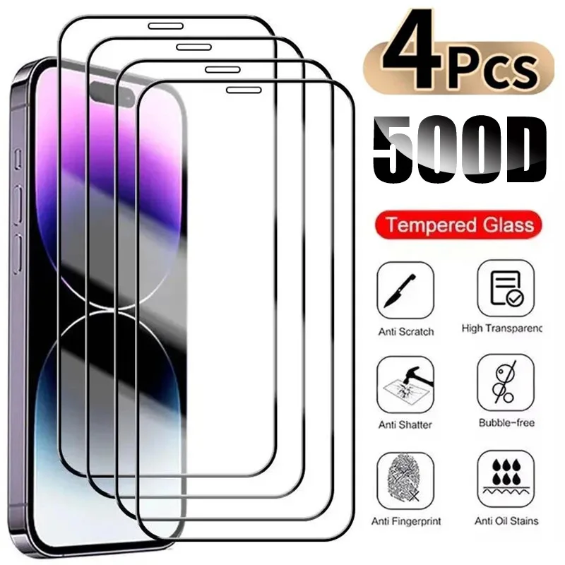 4 шт. 500D полное защитное стекло для iPhone 13 12 11 14 15 Pro Max закаленная защитная пленка для экрана iphone 14 15 16 PLUS стеклянная пленка