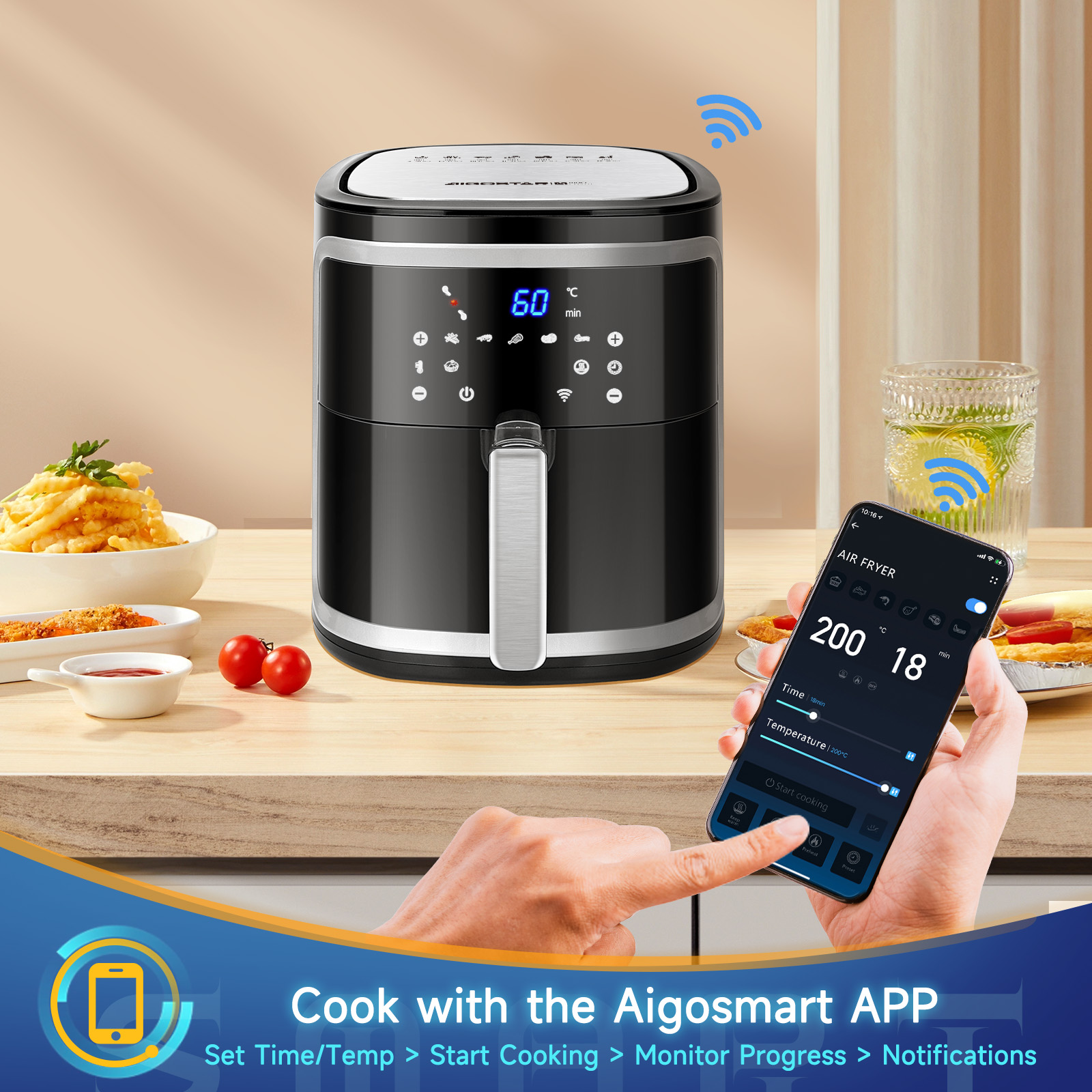 Freidora de Aire Inteligente Sin Aceite, 7L, Pantalla LED Táctil, 7 Funciones Preestablecidas + Mantener Caliente y Modo Manual, Cesta Antiadherente Extraíble, Conexión Wifi, Libre de BPA, 1900W