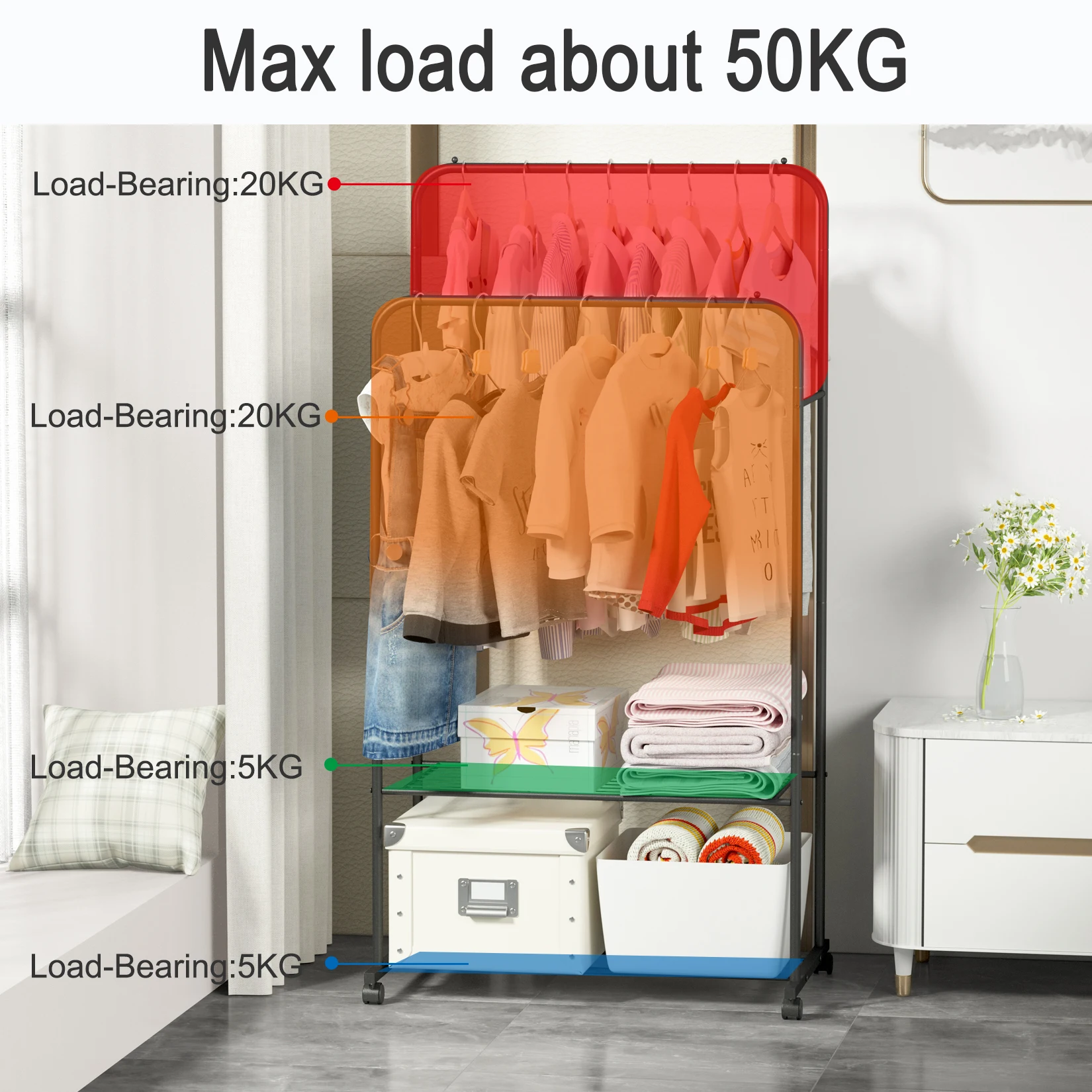 Rolling Clothes Rail Rack Garment Cloth Hanging Rack with 2 Tier Storage Shelves