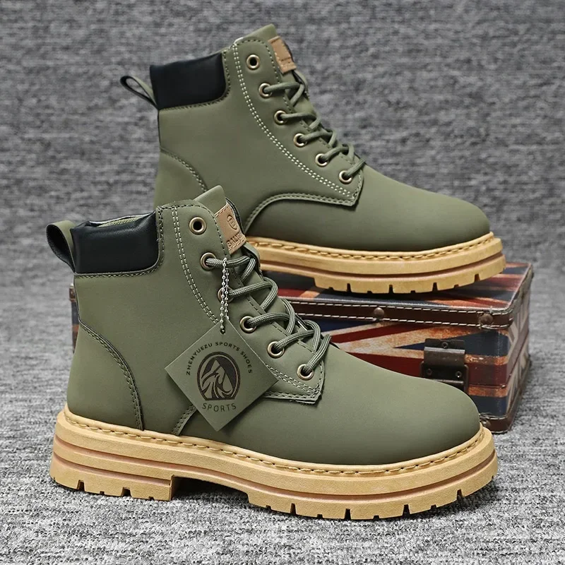 Botas altas para Hombre, botines de motocicleta a la moda, Botas de cuero impermeables para Hombre, Botas de plataforma con cordones, Botas de talla grande para Hombre