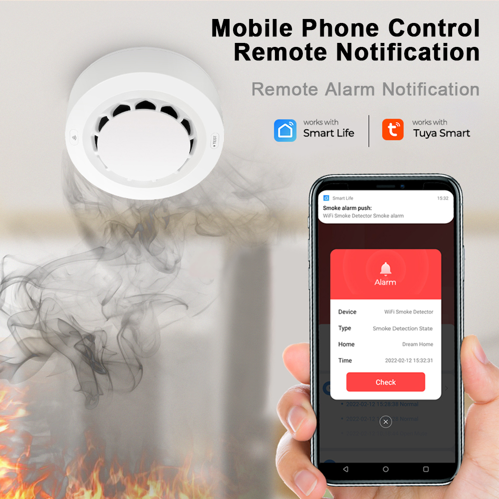 Tuya-alarma de humo WiFi, Detector de humo de protección contra incendios, combinación de ahumadero de 80dB, sistema de seguridad para el hogar, bomberos