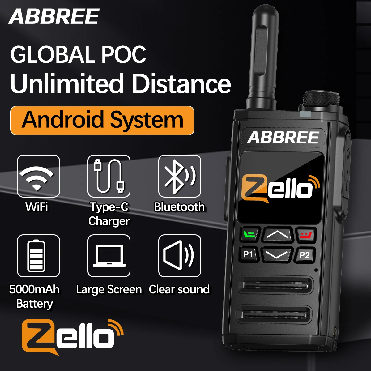 ABBREE-トランシーバー,ワイヤレスネットワーク,グローバルPocラジオ,無制限の距離,SIMカード,Android, Bluetooth,アマチュア無線,SIMカード,GP-268,zello