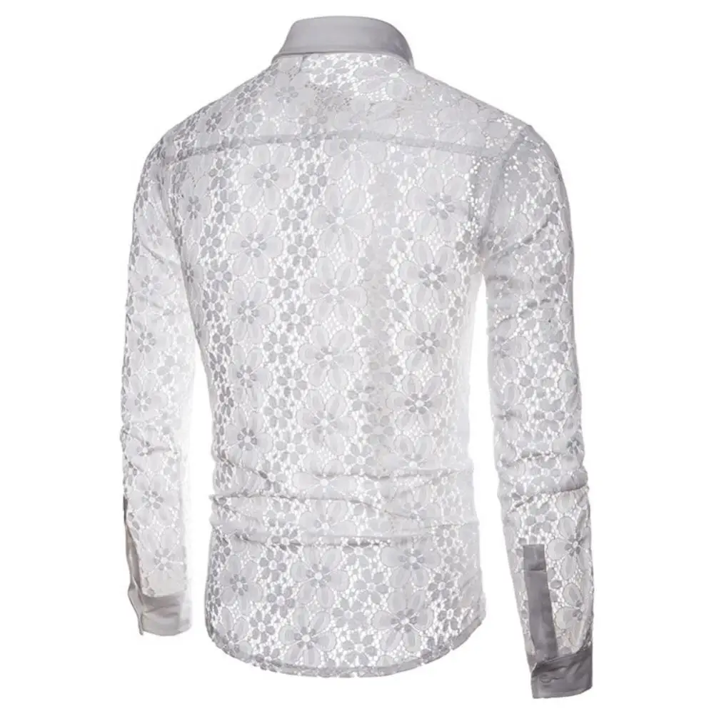 Camisas de algodón con cuello vuelto para hombre, camisa de manga larga con botones, Color sólido, encaje Sexy transparente, ropa para discoteca