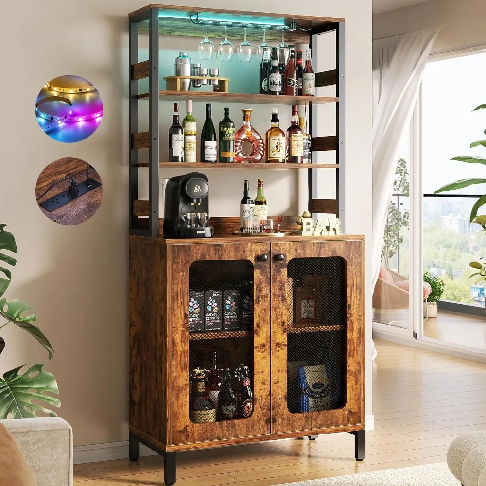 Bar Cabinet with Power Outlets,  67" Tall Wine Bar Cabinet Liquor Cabinet with LED Lights & Glass Holder