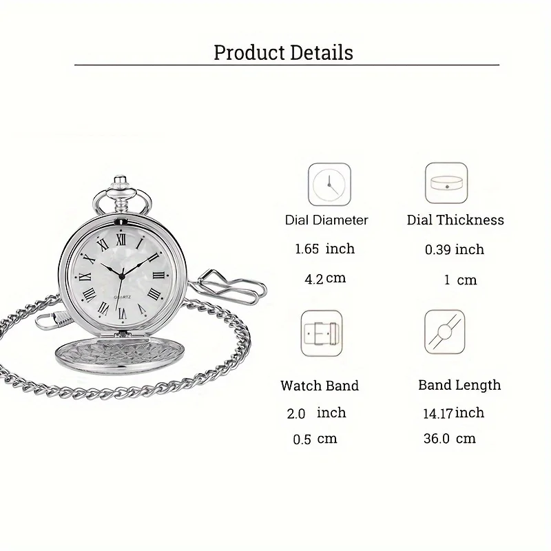 Orologio da tasca al quarzo in acciaio liscio, orologio con quadrante vintage con numeri romani