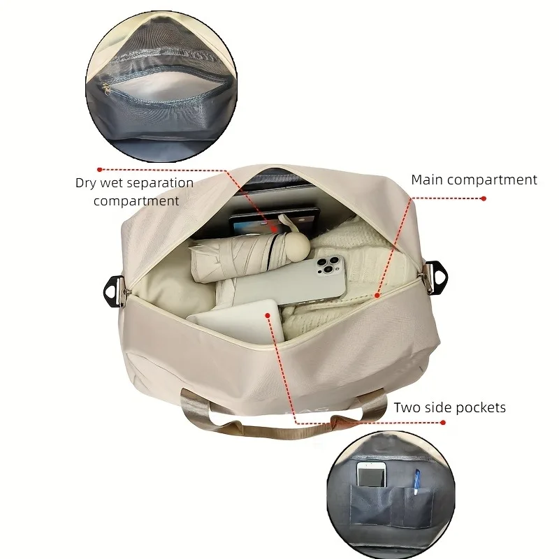 Bolsa de viagem multifuncional de grande capacidade com alça de ombro ajustável, bolsa de ginástica casual de nylon durável para esportes