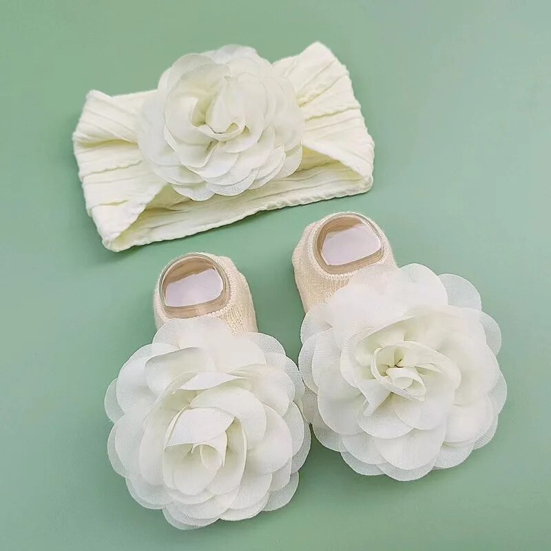 Calzini per bambini carini + fasce per capelli Set calzino in cotone antiscivolo Fiore di pizzo Fascia per capelli per neonato Turbante Accessori per capelli per ragazza