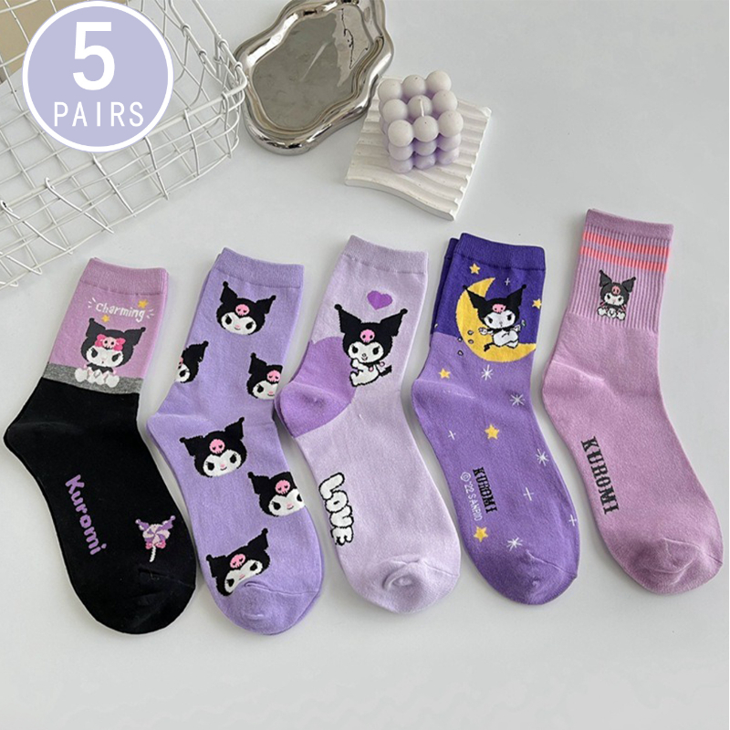 1/5 par de medias exquisitas de moda y alta estética para fiesta de ensueño Sanrio lindo dibujo animado Kawaii púrpura Kuromi para mujer
