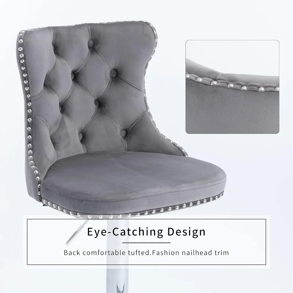 Set of 4 Gray Velvet Adjustable Swivel Bar Stools with Counter Height, Tufted Backrest, and Nailhead Trim for Kitchen Use