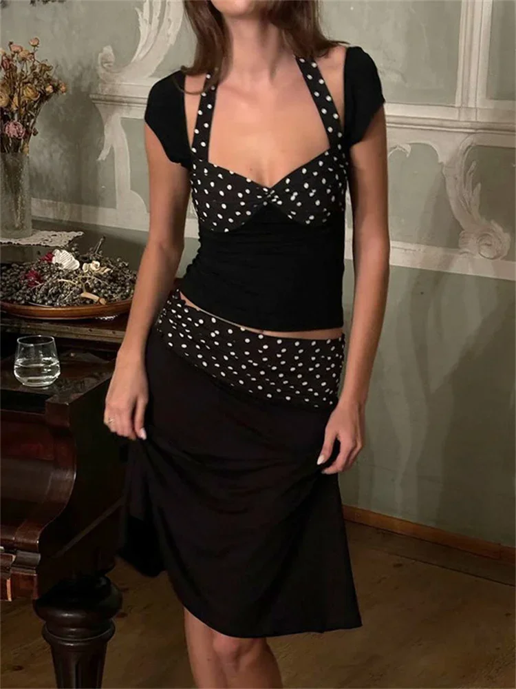 Tossy retalhos moda 2 peça-set mini saia para mulher rendas contraste sem costas recortado topo e saia de cintura alta define feminino