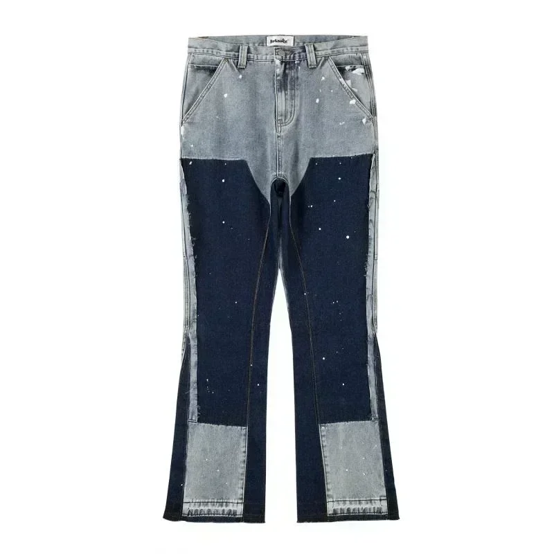 ยุโรป/อเมริกา retro อินเทรนด์ spliced กางเกงยีนส์ street สไตล์อเมริกัน bootcut กางเกง spliced ink splash กางเกงยีนส์สําหรับชายคู่