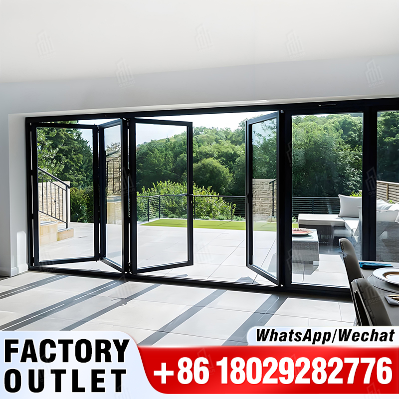 Porta deslizante à prova de assaltante, liga de alumínio e estrutura de aço com grelhas de segurança dobráveis, tela dobrável de entrada, estilo aberto