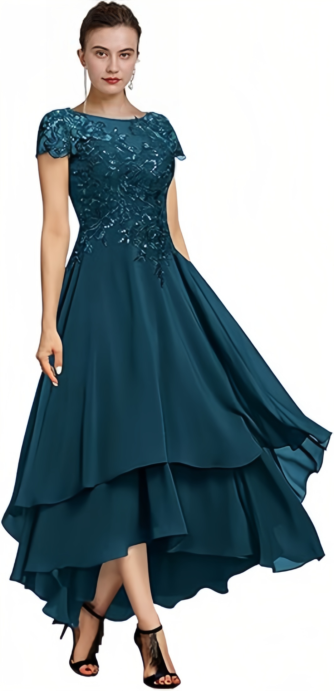 TXxuelian dentelle mère de la mariée robes pour mariage à manches courtes à volants en mousseline de soie robe de soirée thé longueur femmes robe formelle