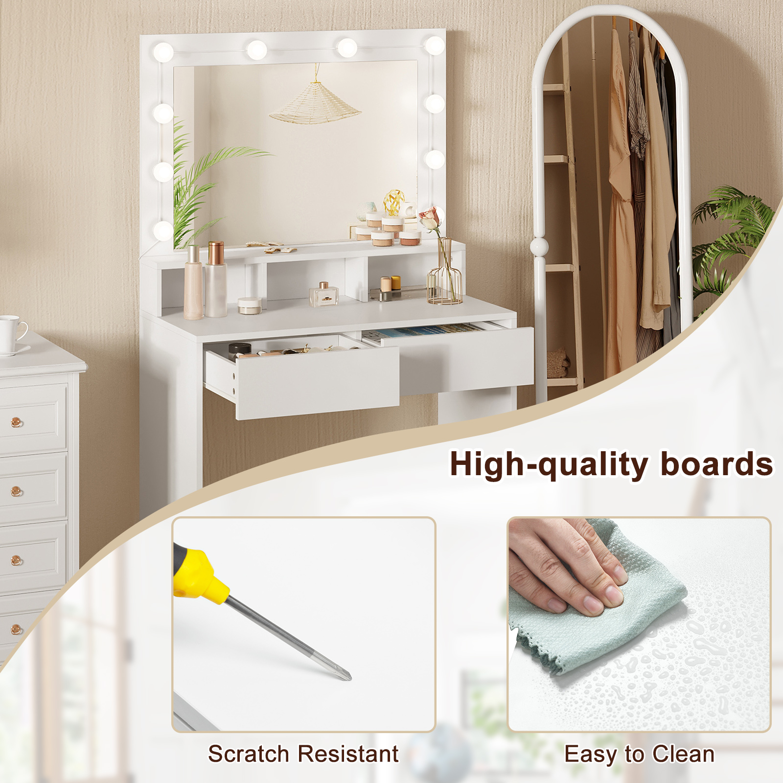 White Wooden Dressing Table Make up Cosmetic Table  with Adjustable LED Lighting Mirror vanity dresser for Gilrs  Women Bedroom