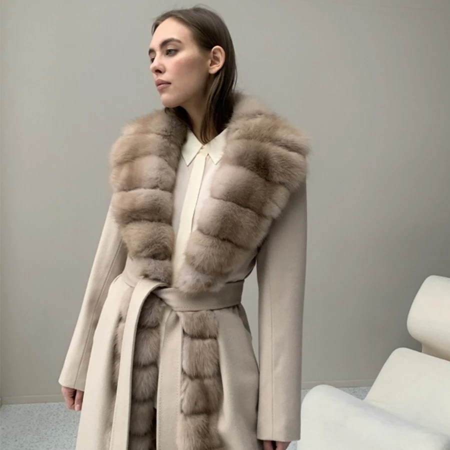 Mùa Đông Mới Cashmere Áo Khoác Len Tự Nhiên Cáo Lông Mùa Đông Ấm Áp Áo Khoác Áo Khoác Lông Thú Nữ Sang Trọng Thực Lông Thú