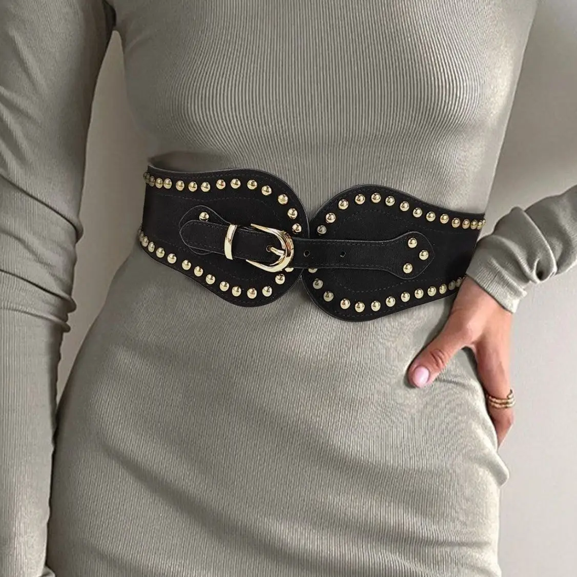 Women's Fashionable Handsome Suede Rivet Elastic Waistband Adjustable Western-style Elastic Waistband