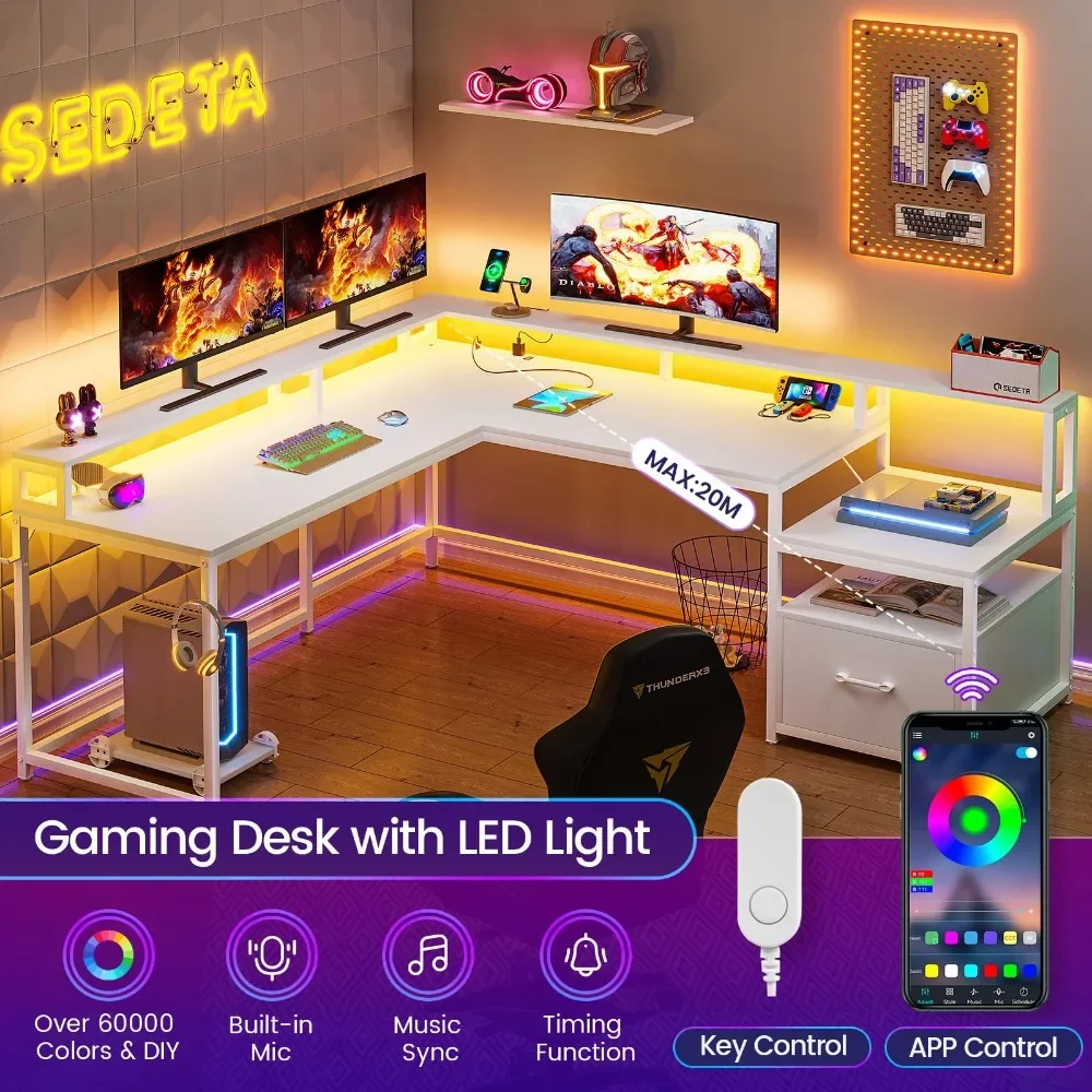 L Shaped Gaming Desk, 66" Home Office Desk with File Drawer, Power Outlet and Led Lights, Computer Desk with Monitor Shelf