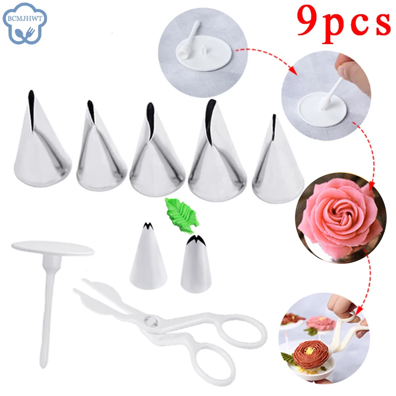 9 Cái/bộ Hoa Kéo + Tặng Khay Đựng Bánh + Tặng Bộ 7 Muỗng Hoa Tulip Hoa Hồng Vòi Phun Sơn Móng Tay Trang Trí Nâng Fondant Kem Chuyển Làm Bánh bánh Ngọt Nhà Bếp