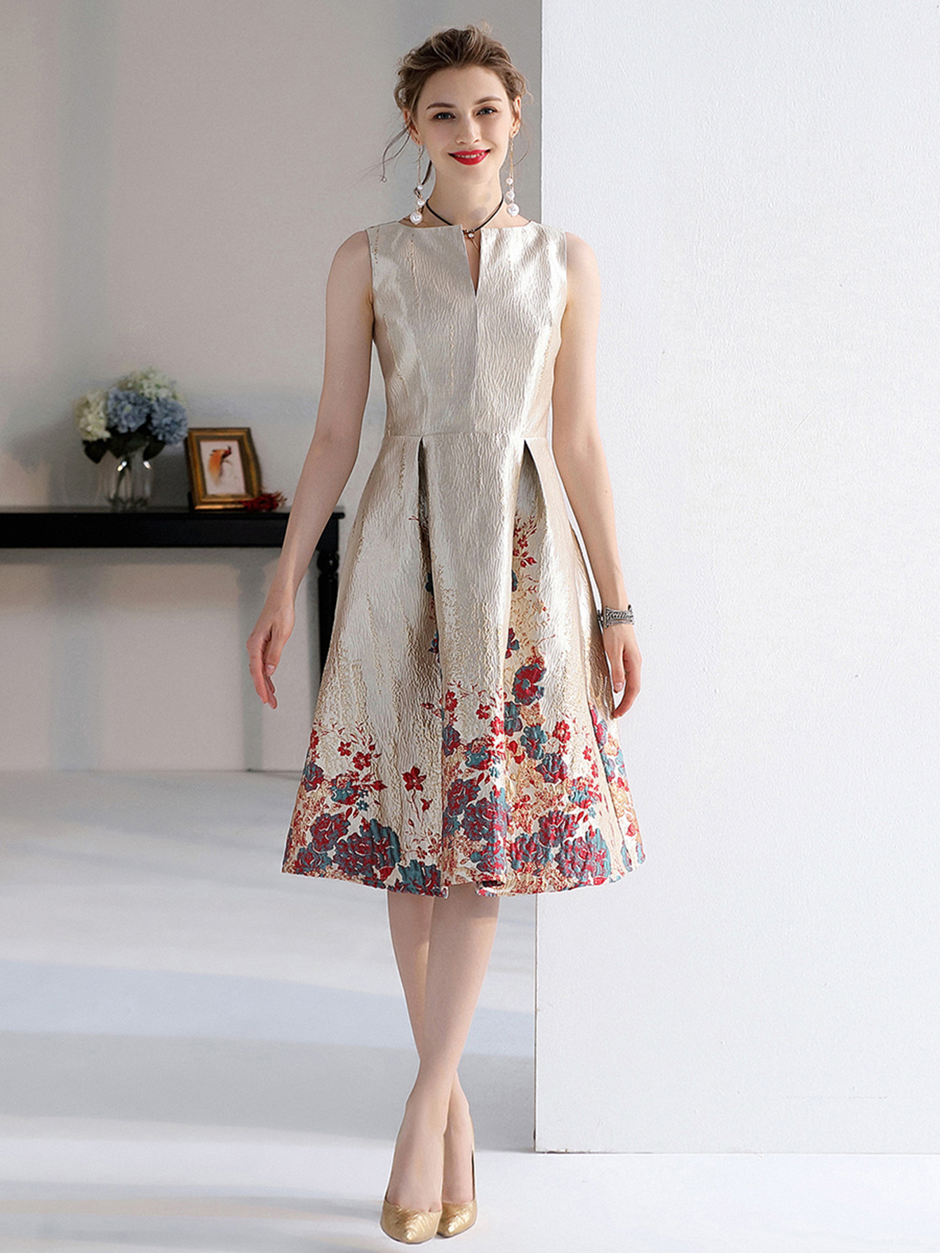 Luxe Damesmode Hoge Kwaliteit Jacquard A Lijn Baljurken Mouwloos Zomer Casual Kleding Midi Femme Party Dresses