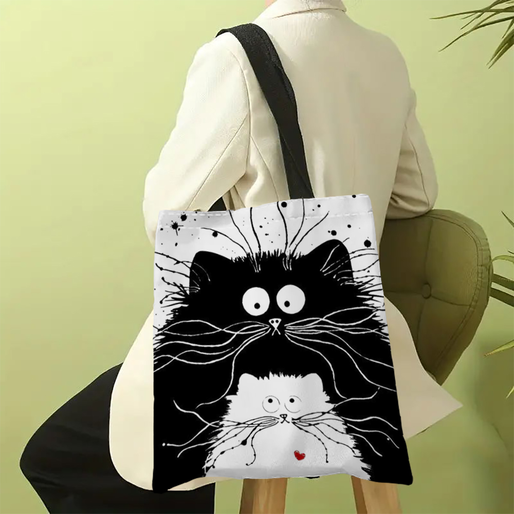 Bolsa de linho reutilizável com estampa de gatos fofos, bolsa de armazenamento de mercearia portátil de grande capacidade, bolsa de ombro lavável à máquina
