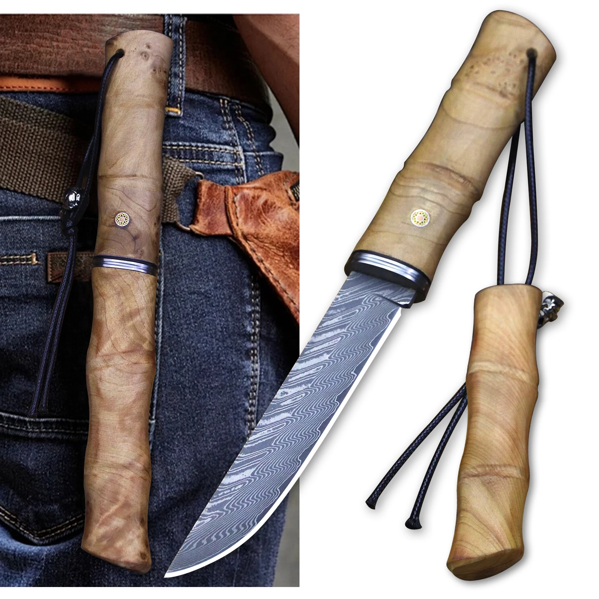 Colección japonesa de festival de bambú hecha a mano, cuchillo de acero damasco, cuchillo recto de caza en la jungla, cuchillo de supervivencia al aire libre