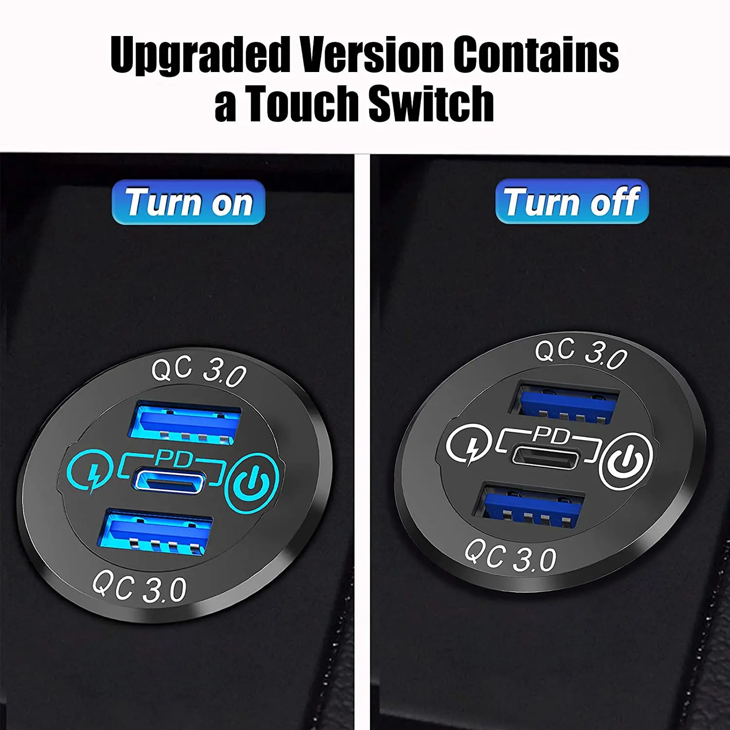 DaierTek Auto-USB-Ladebuchse, Metall, 60 W, Autoladegerät, 12 V, 24 V, USB-Steckdose, PD, USB-C und zwei QC3.0-Anschlüsse, Touch-Schalter für Boot, Marine