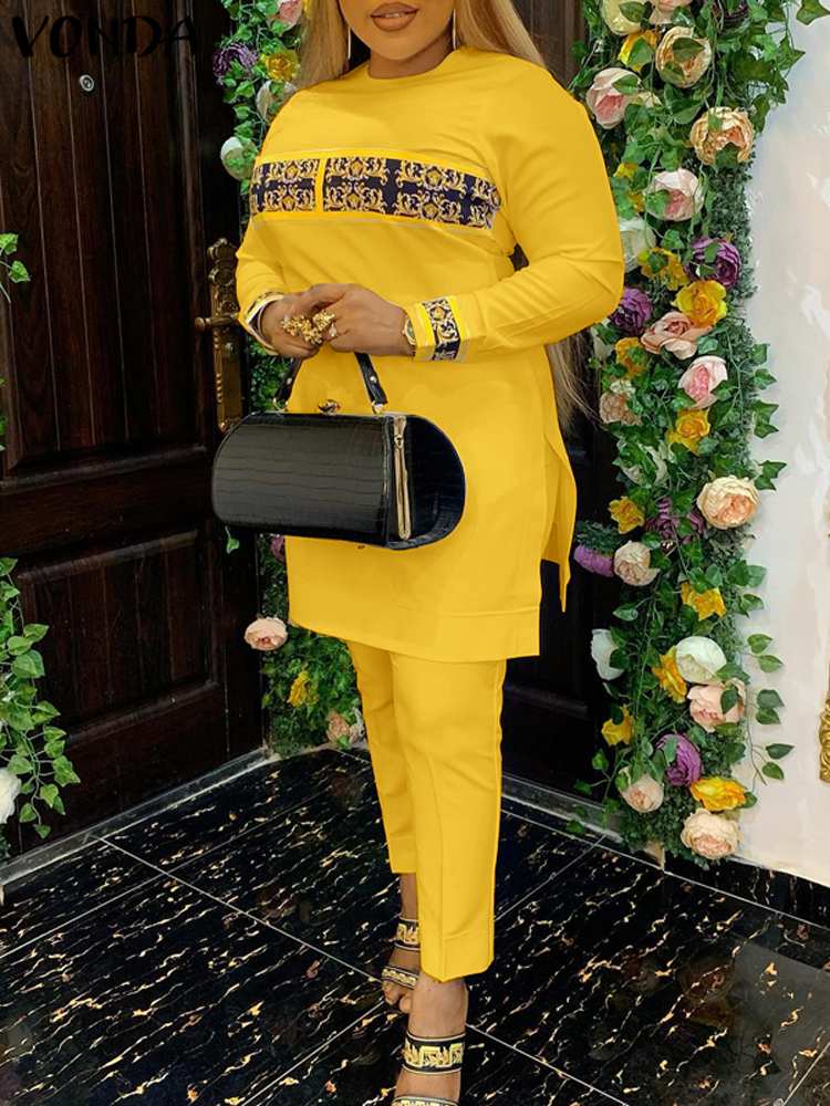 Vonda-ヴィンテージプリントの女性用パンツセット,長袖,エレガントでカジュアル,伸縮性のあるウエスト,パンツとトップス,ラージサイズ,秋,2024