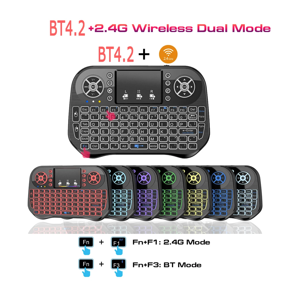 Bluetooth付きワイヤレスミニキーボード,2.4g,デュアルモード,バックライト付き,英語,ロシア語,フランス語,スペイン語,ポルトガル語,Android, TVボックス,PC,プロジェクター用