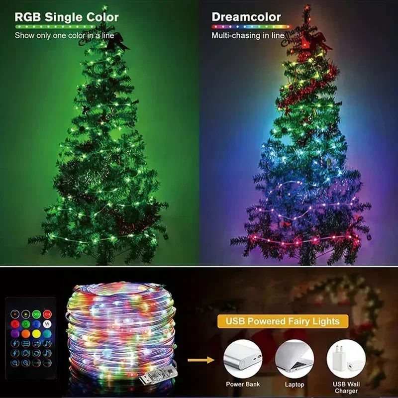 Tira de luces LED Dreamcolor RGBIC, resistente al agua, Bluetooth, luz de hadas inteligente, captación de música, luz de Color de sueño, Control por aplicación, bricolaje, fiesta de Navidad