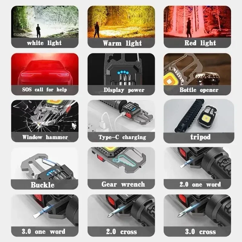 Tragbare Mini-LED-Schlüsselanhänger-Taschenlampe, eingebauter 500-mAh-Akku, Typ-C-Aufladung, Outdoor, Camping, Notfall, Sicherheitshammer, Arbeitslampe
