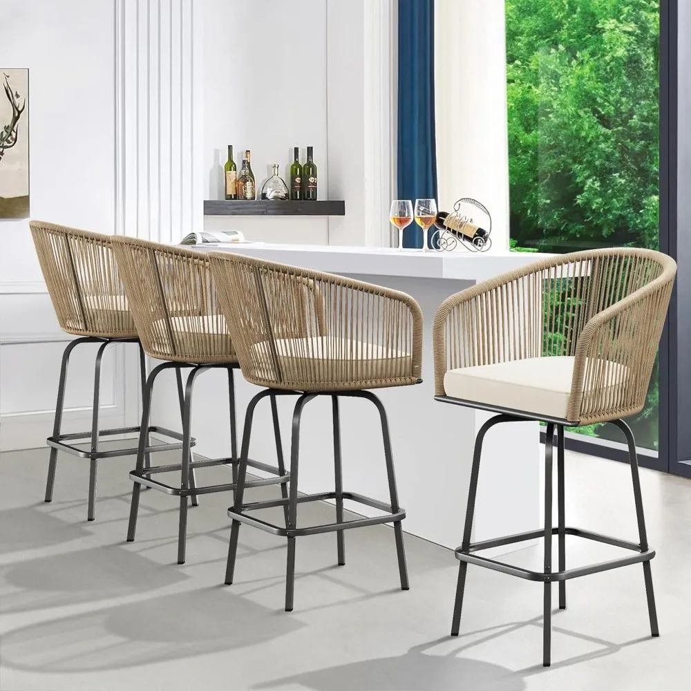 Counter Height Bar Stools Set of 4, Outdoor Bar Stools with Soft Cushions, Patio Rattan Swivel Bar Chairs for Backyard  Poolside
