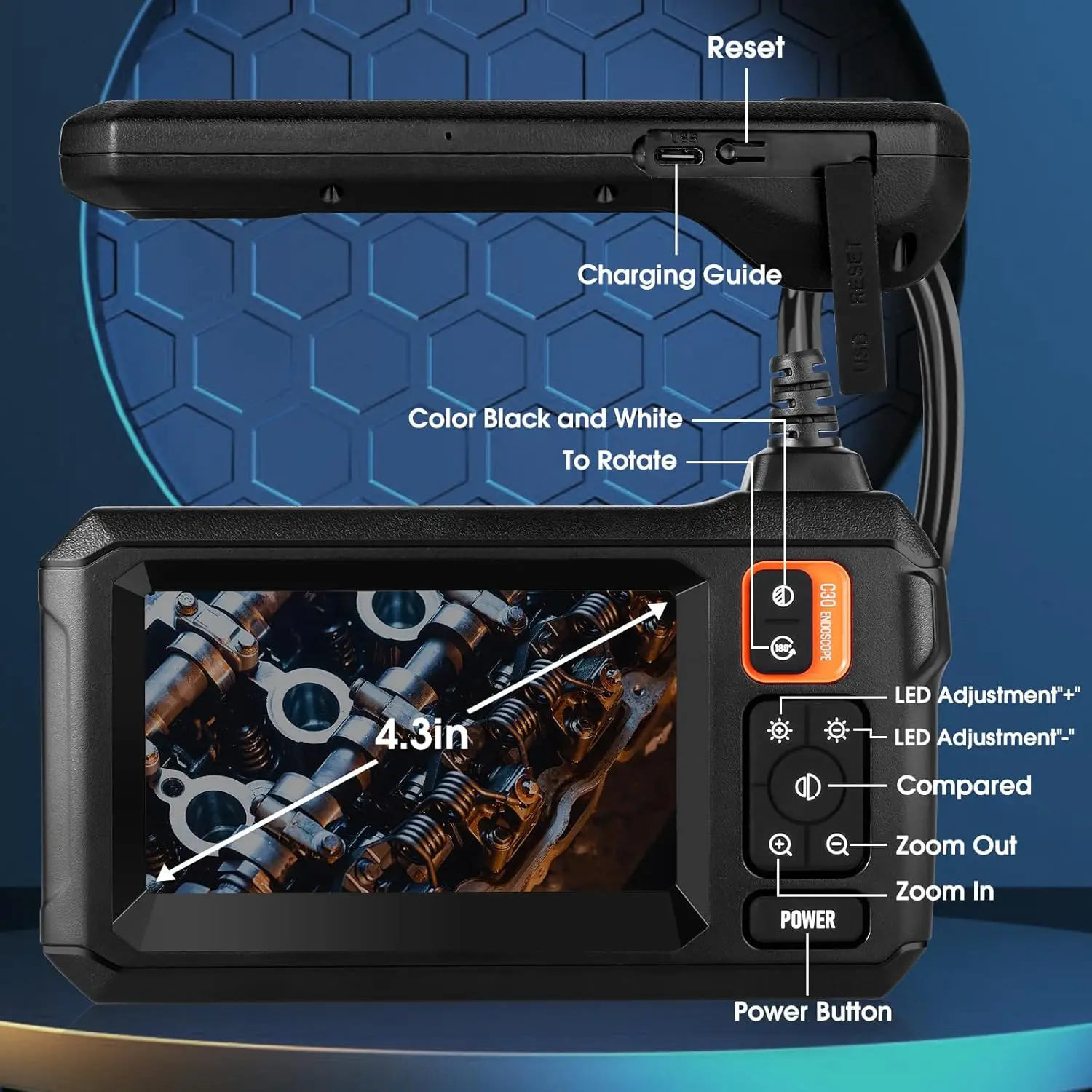 กล้อง Endoscopic อุตสาหกรรม 4.3 นิ้วหน้าจอ IPS 8 มม.HD1080P IP67 กันน้ํา 8 ไฟ LED ตรวจสอบ Borescope สําหรับท่อซ่อมรถยนต์