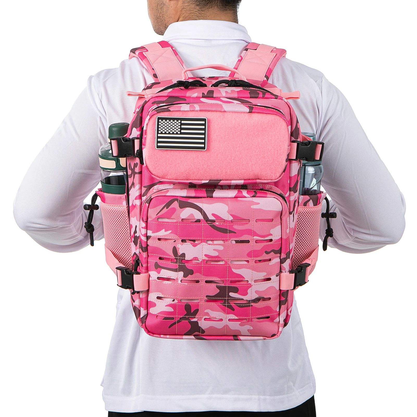 Mochila tática 25l/45l para mulheres/homens, caminhadas ao ar livre, corte a laser, molle, mochila escolar, academia, com suporte de copo duplo