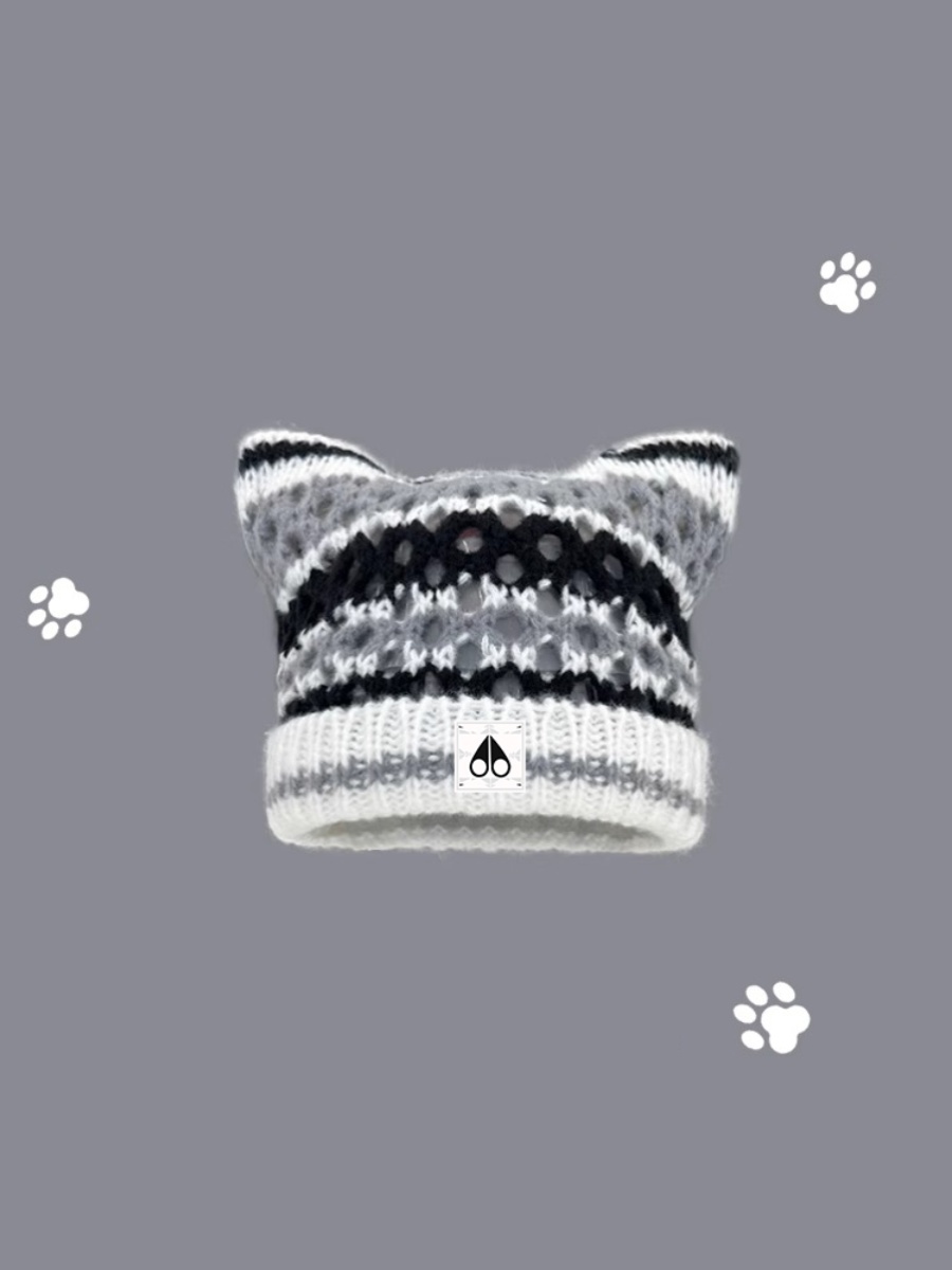 Moose Kingship レディース ニット帽 猫耳デザイン 中空暖かさ 秋と冬シーズン用 カラフルなストライプ ドポミンスタイル