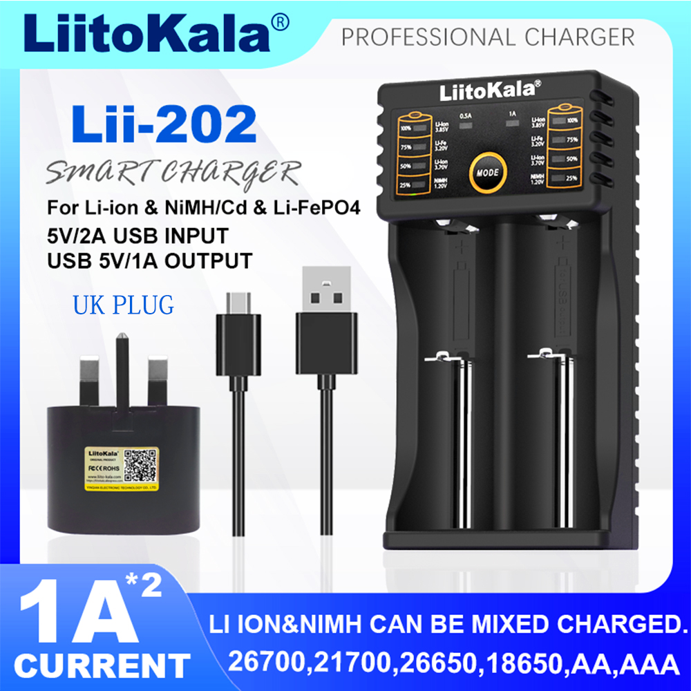 Liitokala NiMH 리튬 배터리 스마트 충전기, Lii-202 402, 18650 14500, 18490, 1.2V, 3.7V, 3.2V, AA, AAA 26650, 10440 16340, 21700, 20700,