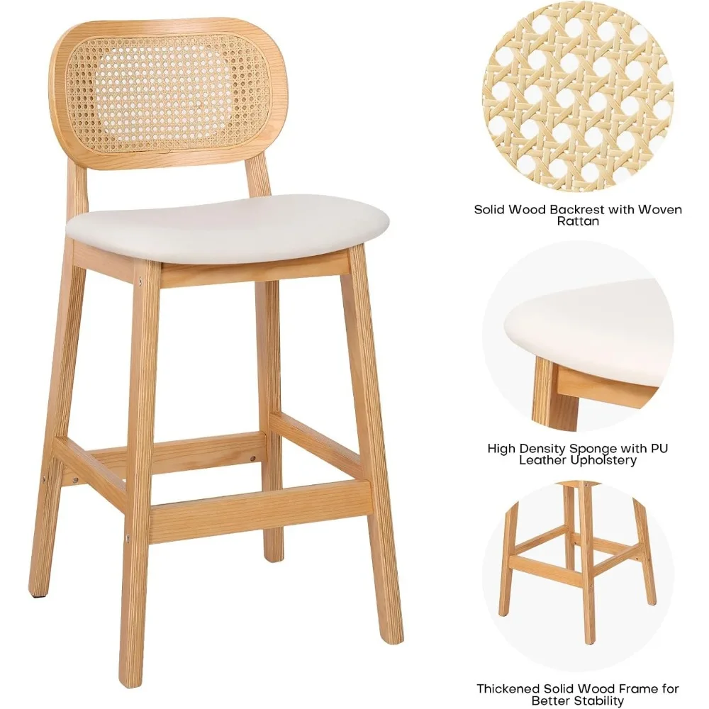 Rattan Bar Stools Set of 3, 25" Mid Century Modern Counter Height Stools, PU Leather Upholstered With Cane Back, Wood Nature
