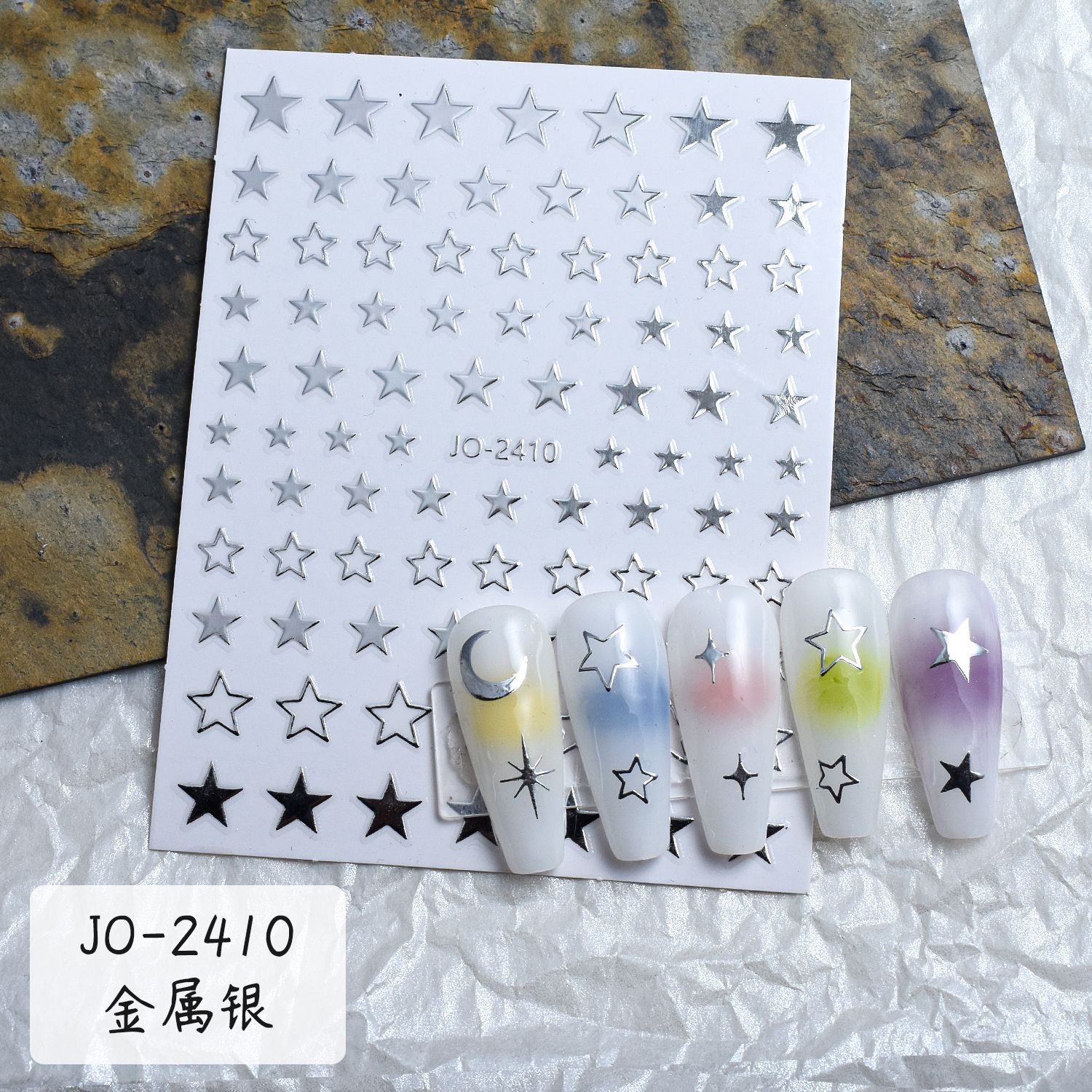 6 pièces/ensemble 3D argent métal miroir étoile Nail Art autocollant Y2K coeur étoile lune adhésif décalcomanie français rayure ligne étoile manucure curseur